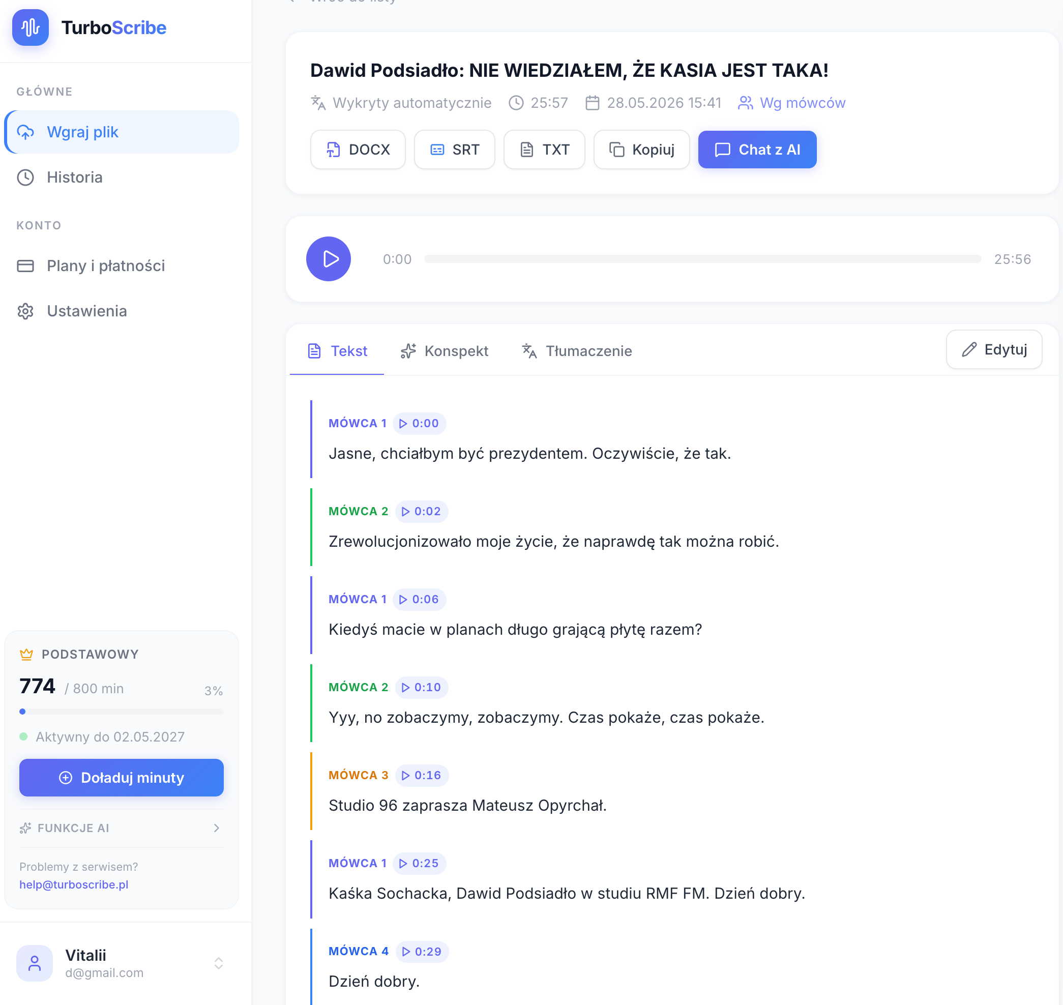 Panel TurboScribe — transkrypcja z podziałem na mówców