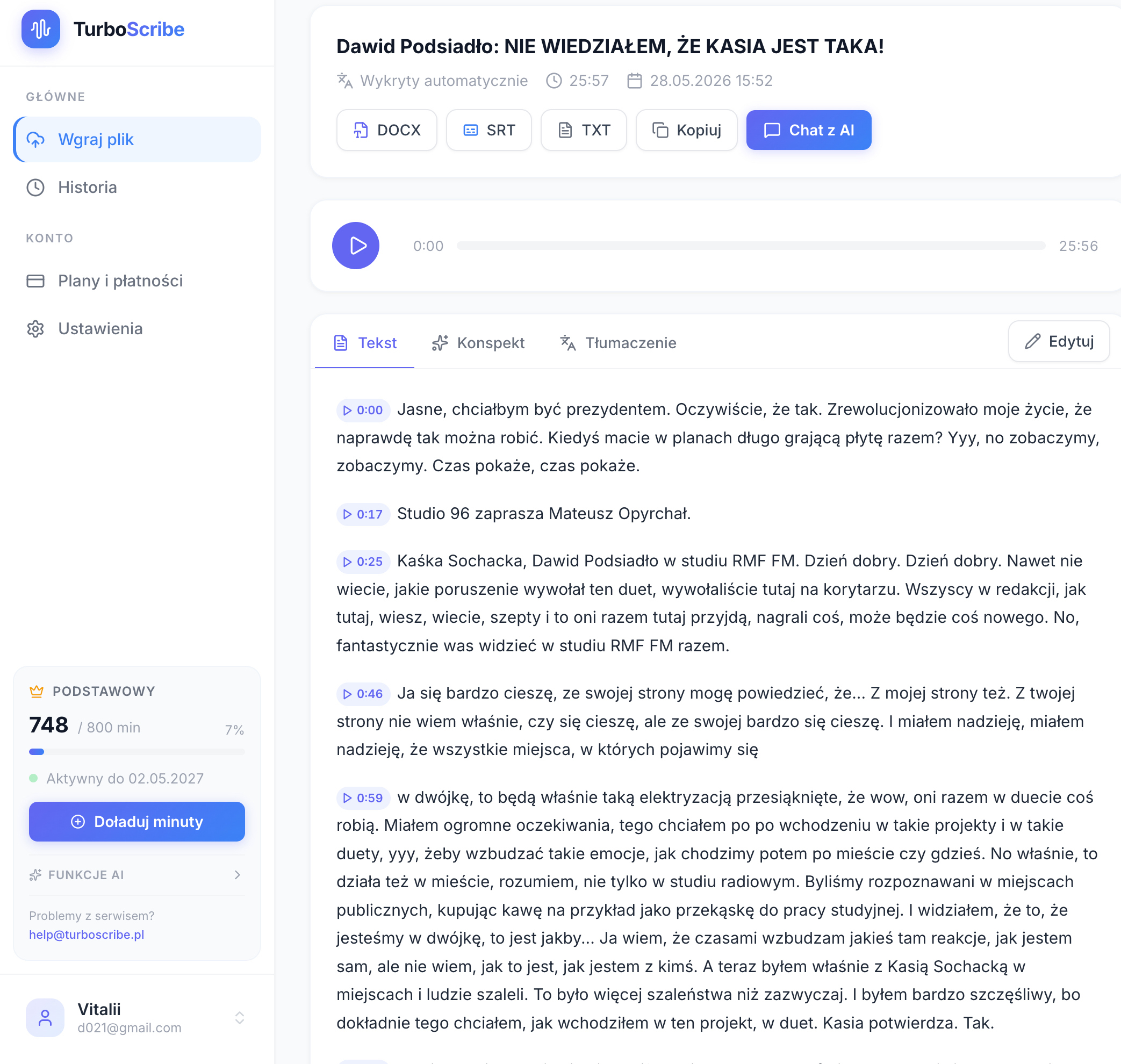 Panel TurboScribe — transkrypcja z YouTube