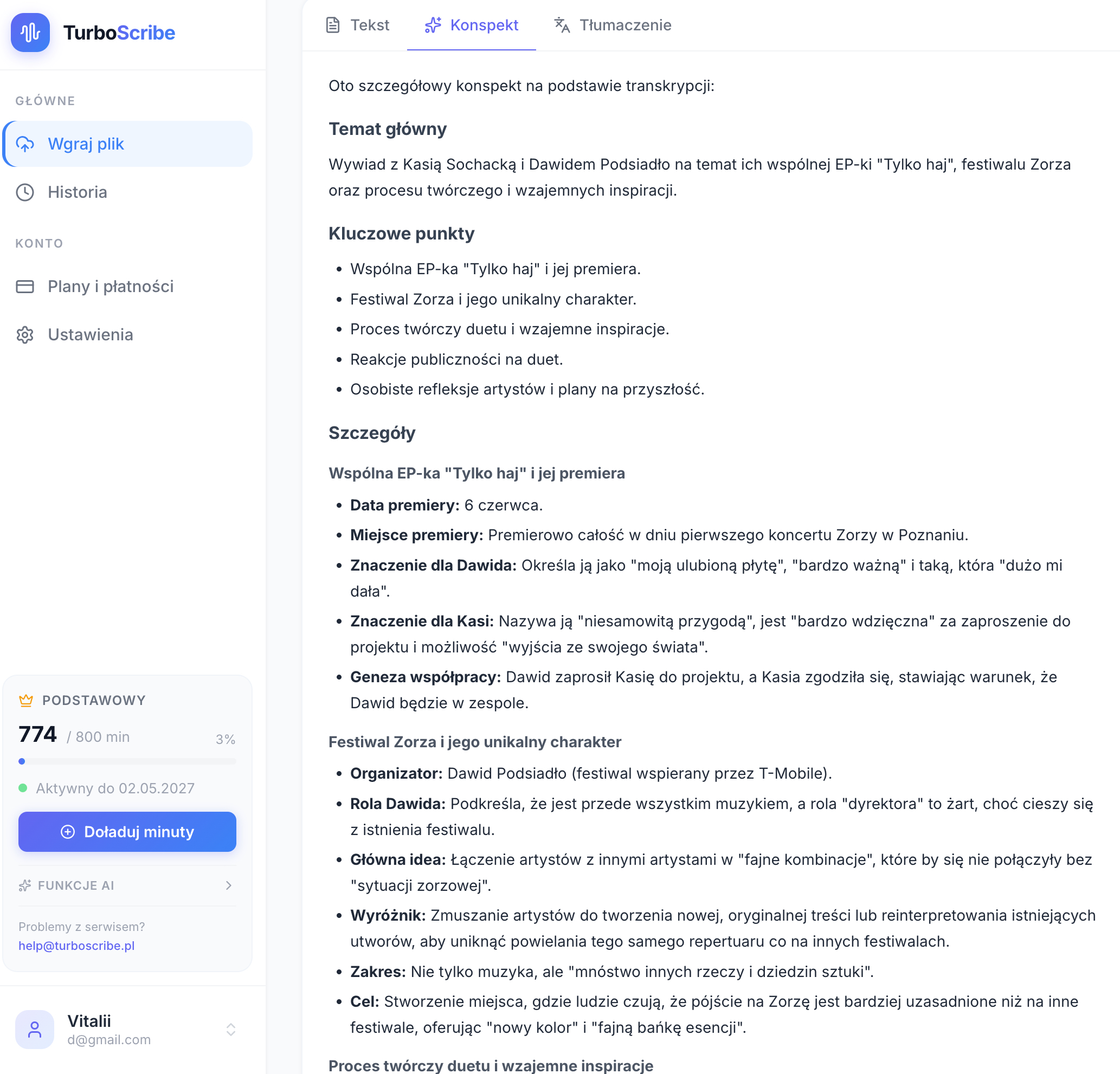 Panel TurboScribe — automatyczne notatki ze spotkania