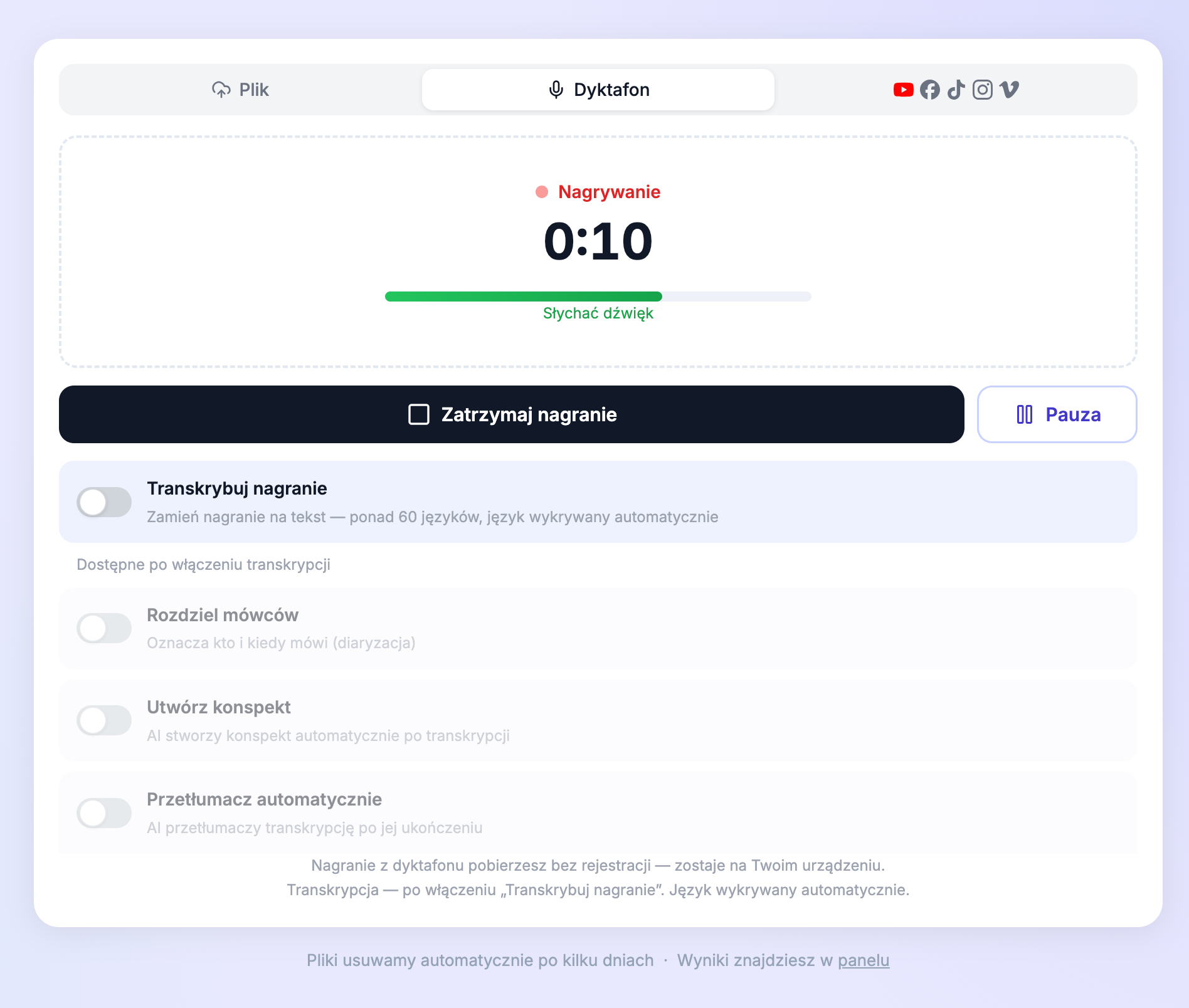 Dyktafon online TurboScribe.PL — nagrywanie głosu w przeglądarce