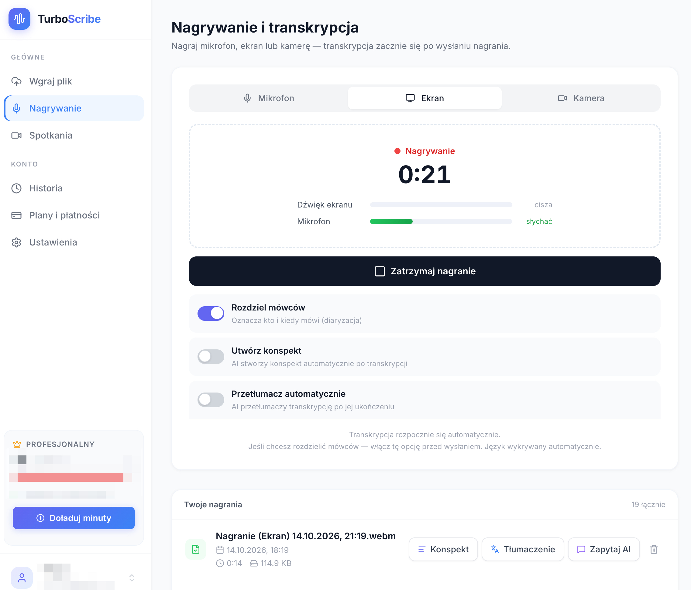 Panel TurboScribe — nagrywanie ekranu i transkrypcja