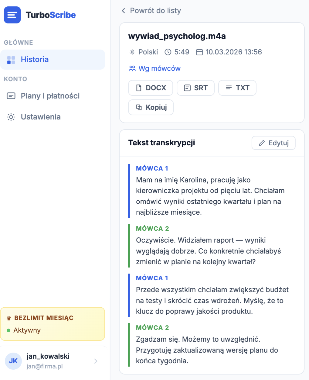 Panel użytkownika TurboScribe