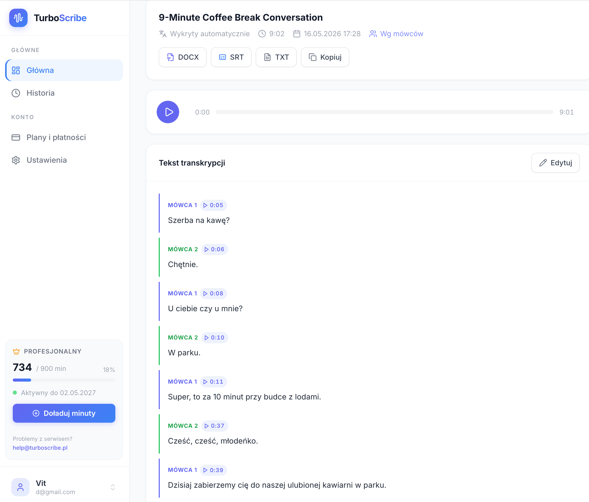 Panel TurboScribe — wynik transkrypcji z podziałem na mówców