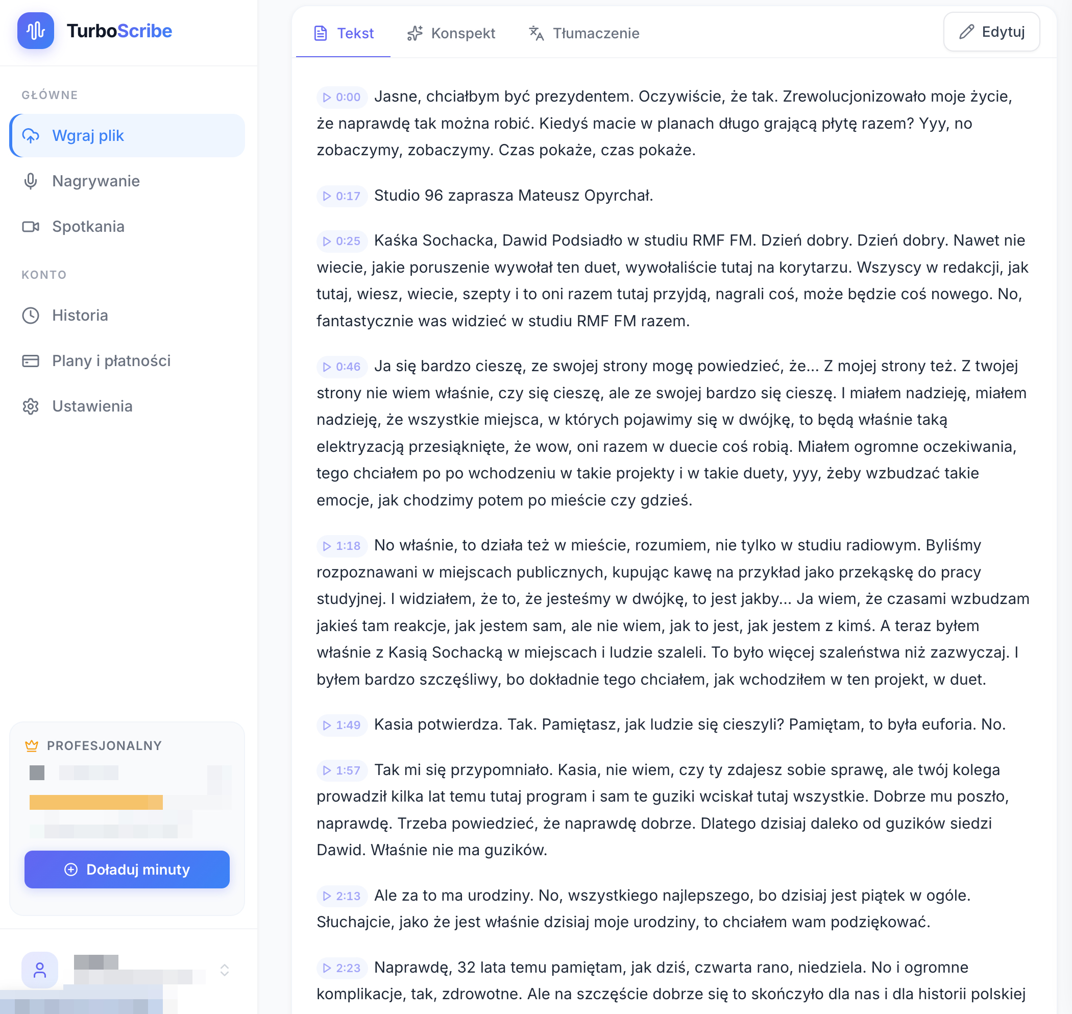 Panel TurboScribe — pobieranie napisów SRT