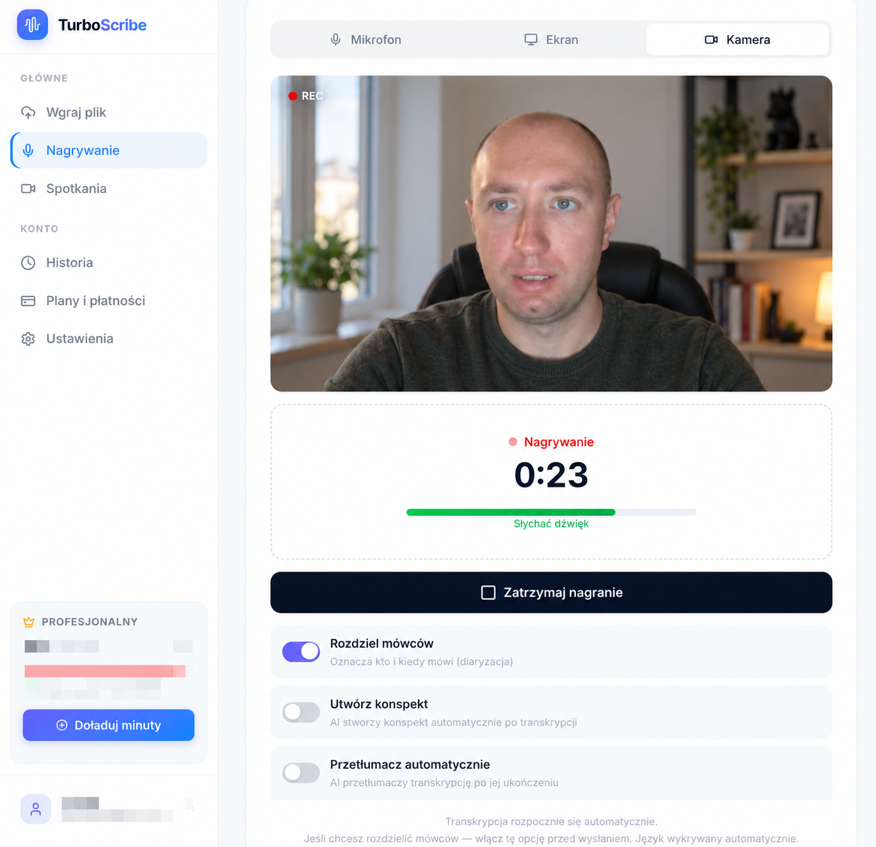 Panel TurboScribe — nagrywanie wideo z kamery i transkrypcja