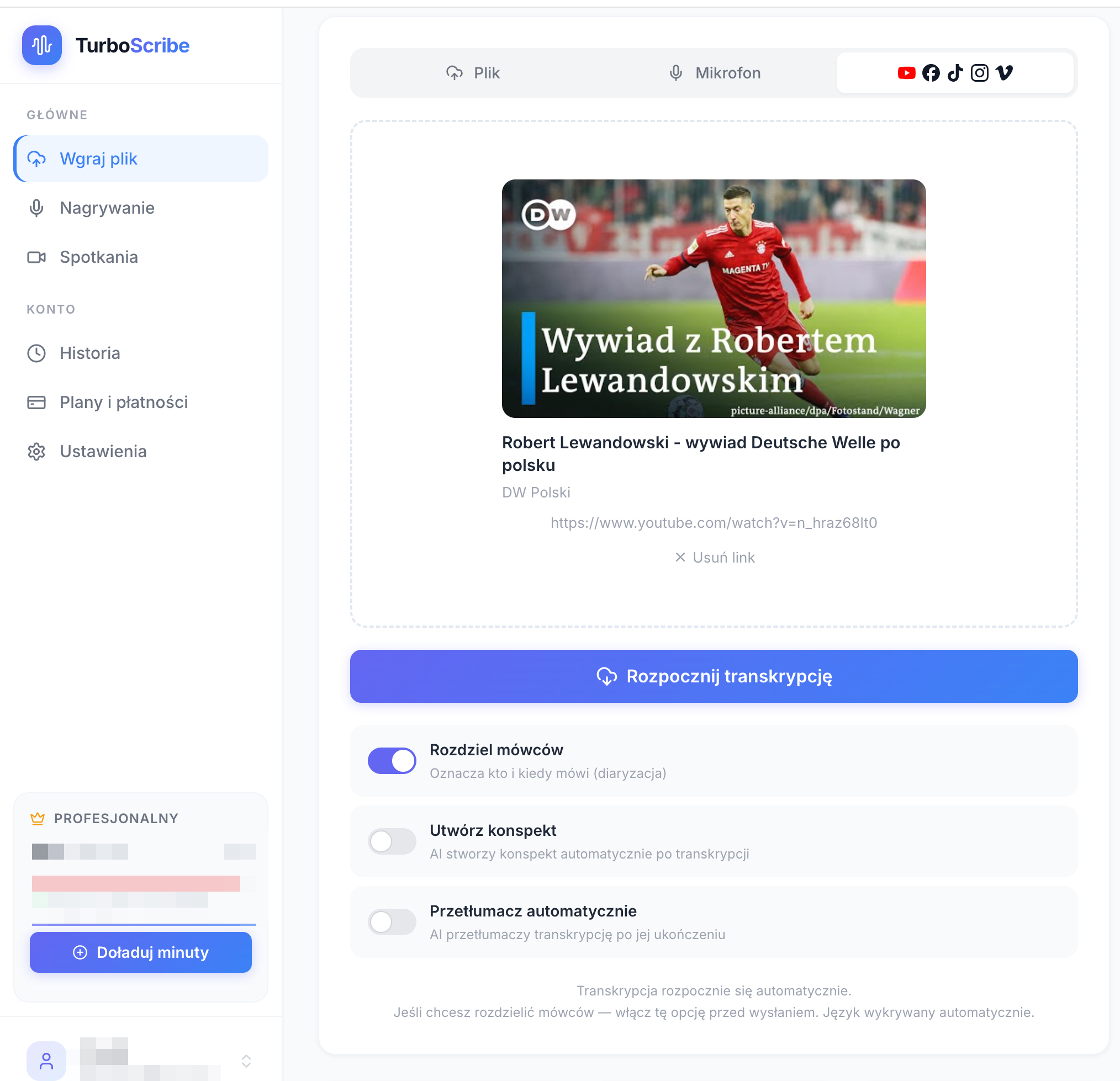 Panel TurboScribe — transkrypcja z YouTube
